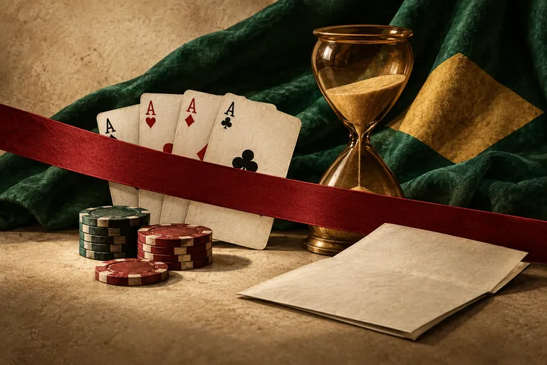Symbolic illustration of playing cards, chips and an hourglass behind a red ribbon, with green and gold fabric.