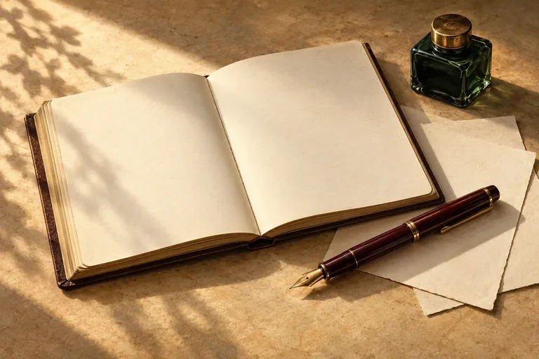 Illustration of an open blank notebook, a fountain pen and a green ink bottle.